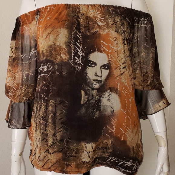 Off-shoulder Multi Print Blouse with Flounce Sleeves & Elastic Cuffs - Picture 3 of 8